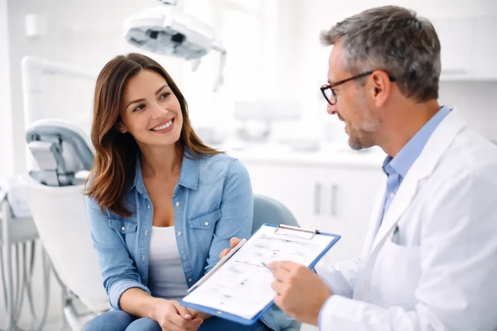 Woman calmly discussing a dental treatment plan and costs with her dentist during a consultation