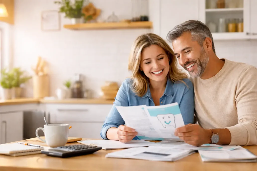 Best dental savings plans — a couple calmly reviewing dental plan paperwork at a bright kitchen table, planning how to lower dental costs.