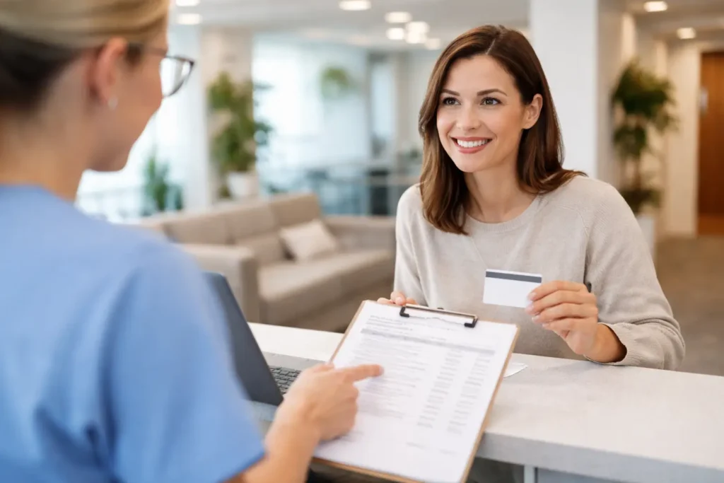 Calm patient at a dental office reception desk reviewing a printed fee estimate with staff while searching for a cheap dentist near me.