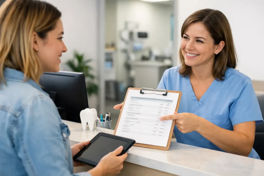 Patient checking in at a modern dental office reception while a friendly receptionist shows a printed fee sheet, illustrating affordable dental care without insurance options.