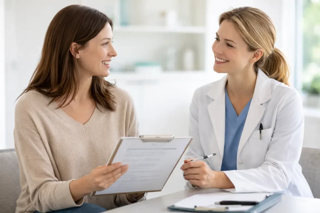 Dental crown cost without insurance consultation with dentist and patient reviewing a treatment plan on a clipboard.